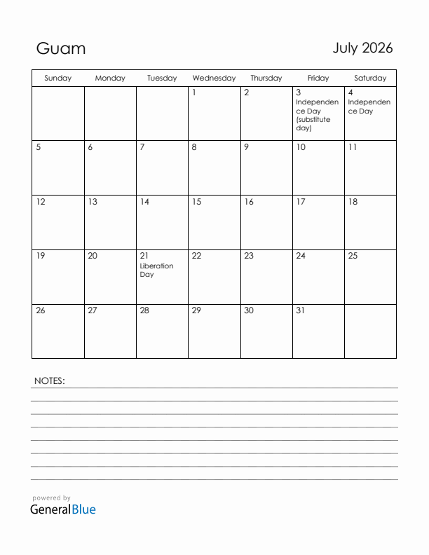 July 2026 Guam Calendar with Holidays (Sunday Start)