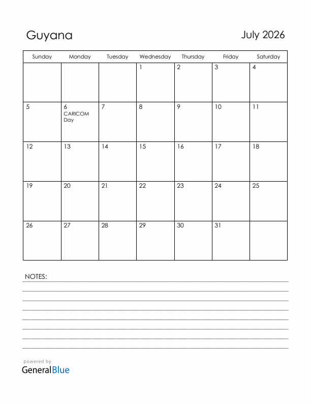 July 2026 Guyana Calendar with Holidays (Sunday Start)