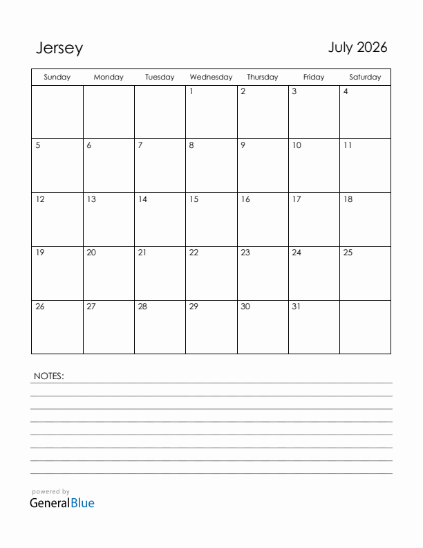 July 2026 Jersey Calendar with Holidays (Sunday Start)