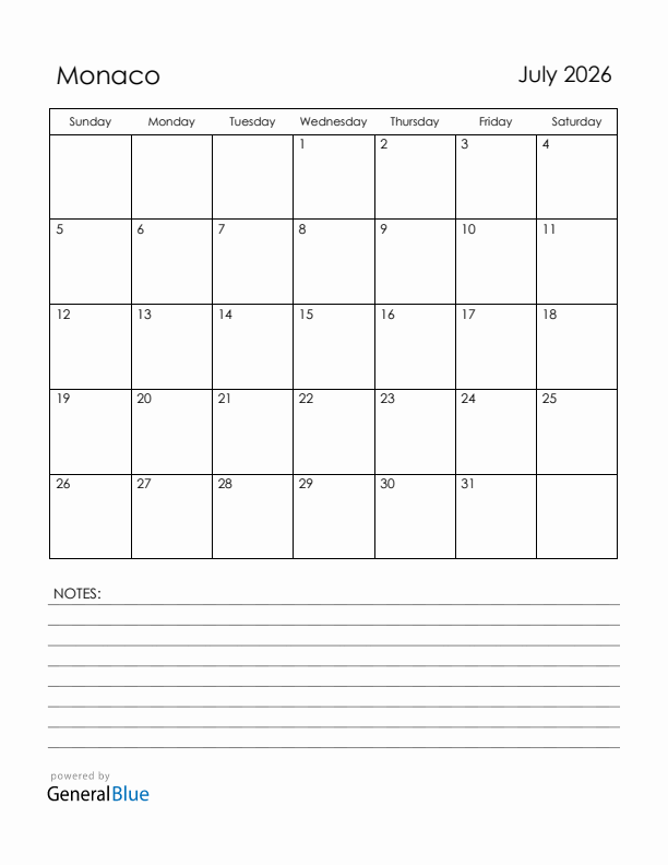 July 2026 Monaco Calendar with Holidays (Sunday Start)