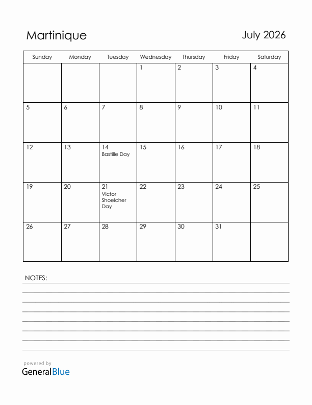 July 2026 Martinique Calendar with Holidays (Sunday Start)