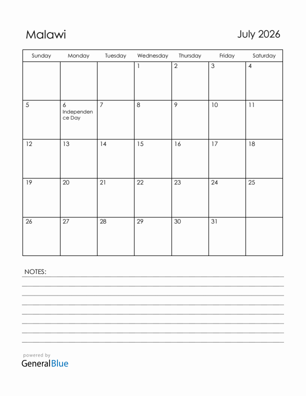 July 2026 Malawi Calendar with Holidays (Sunday Start)