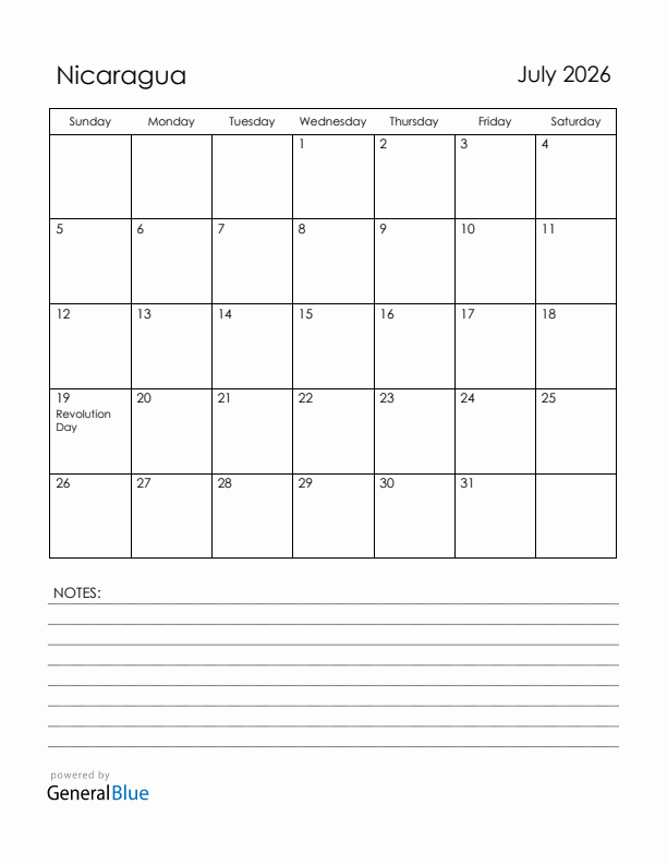 July 2026 Nicaragua Calendar with Holidays (Sunday Start)