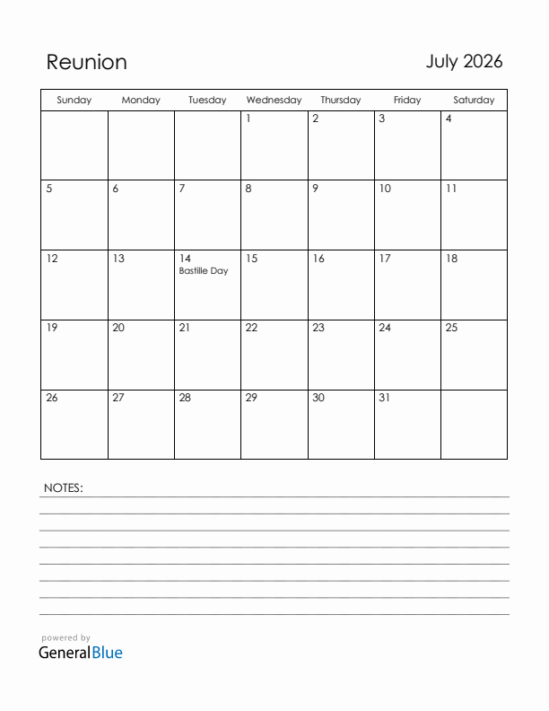 July 2026 Reunion Calendar with Holidays (Sunday Start)
