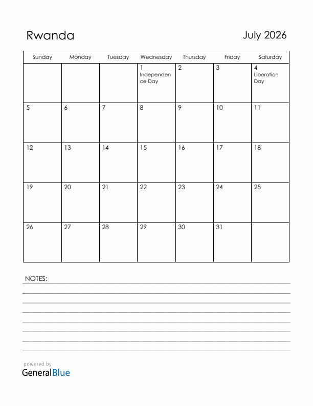 July 2026 Rwanda Calendar with Holidays (Sunday Start)