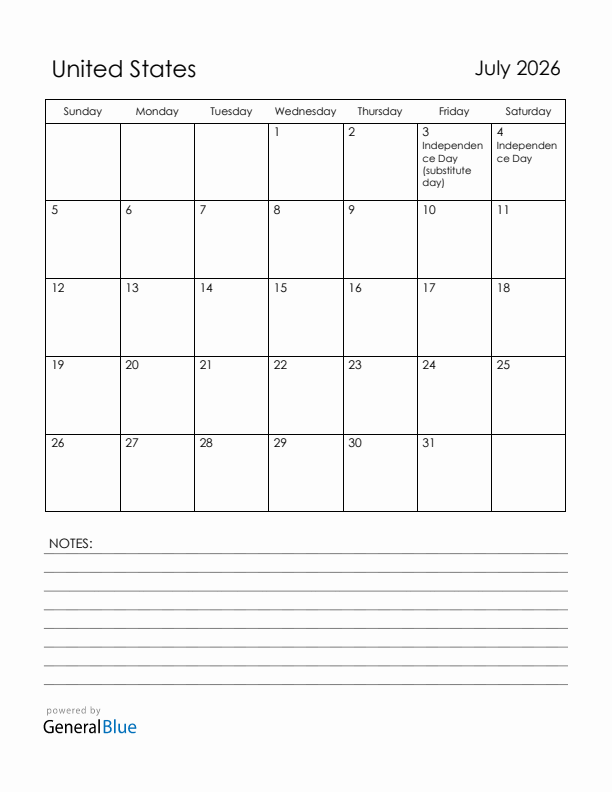 July 2026 United States Calendar with Holidays (Sunday Start)