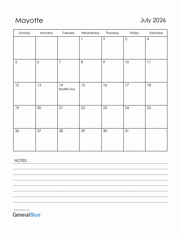 July 2026 Mayotte Calendar with Holidays (Sunday Start)