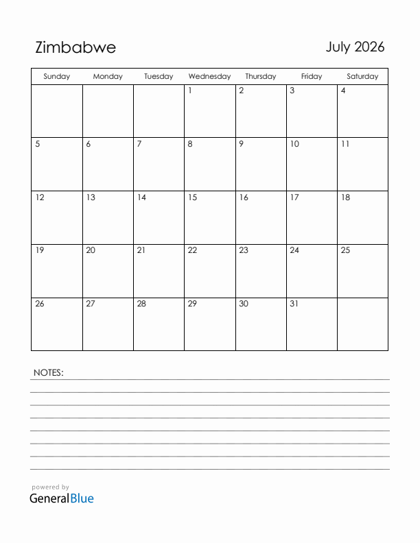 July 2026 Zimbabwe Calendar with Holidays (Sunday Start)