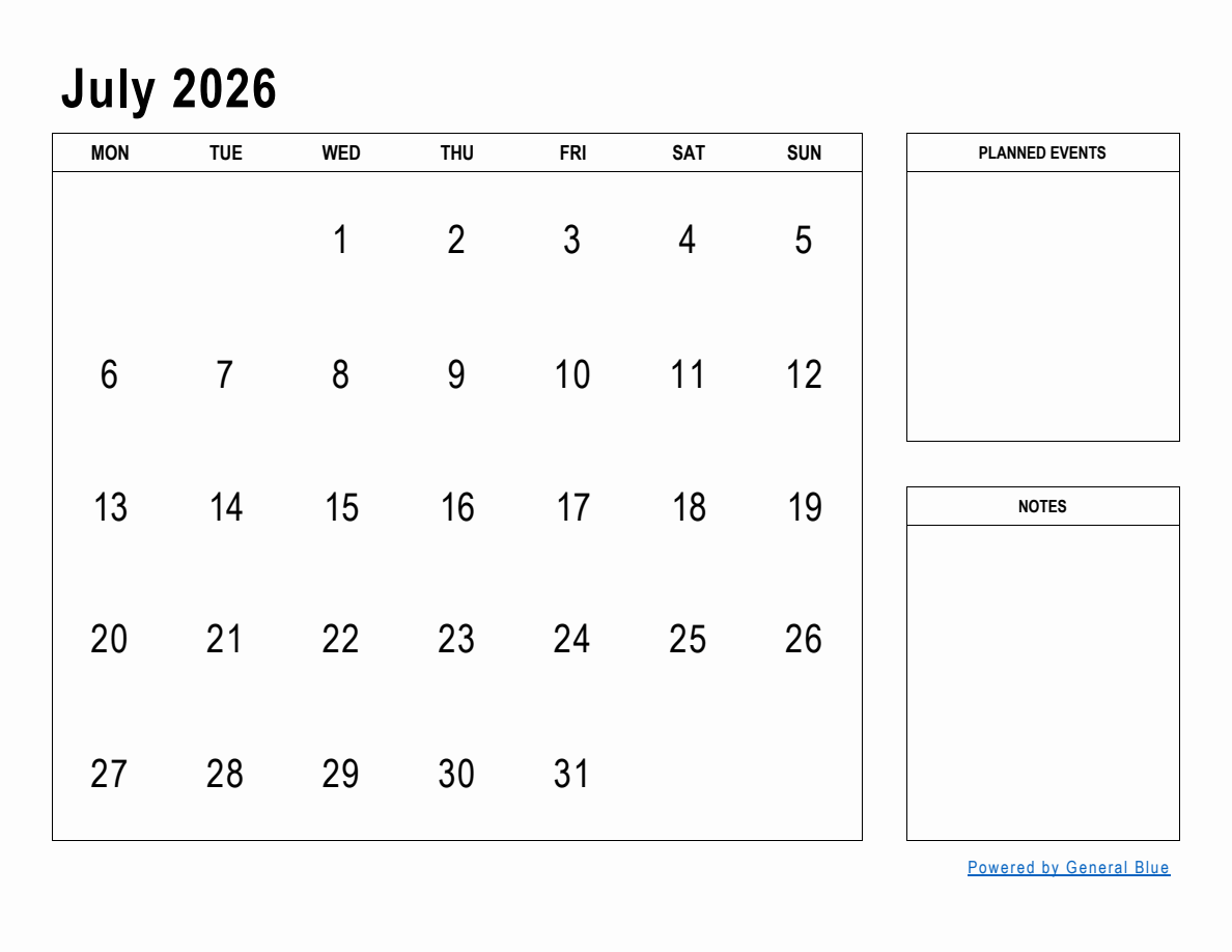 July 2026 Monthly Planner