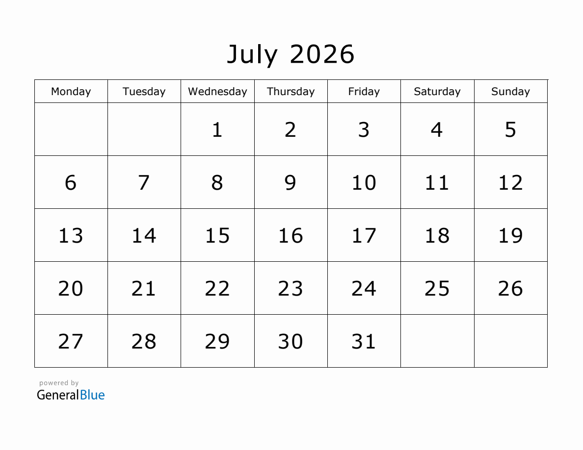 Printable July 2026 Calendar