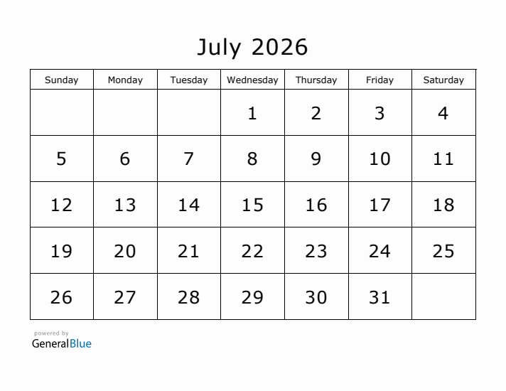 Printable July 2026 Calendar - Sunday Start