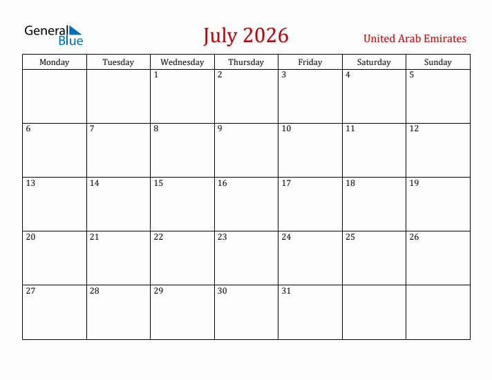United Arab Emirates July 2026 Calendar - Monday Start