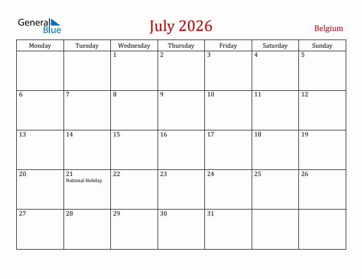 Belgium July 2026 Calendar - Monday Start