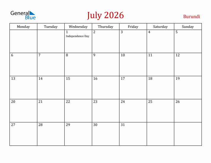 Burundi July 2026 Calendar - Monday Start