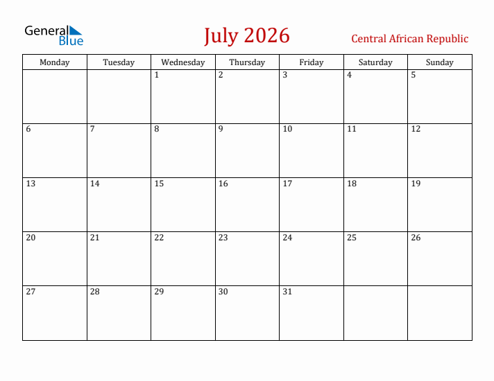 Central African Republic July 2026 Calendar - Monday Start