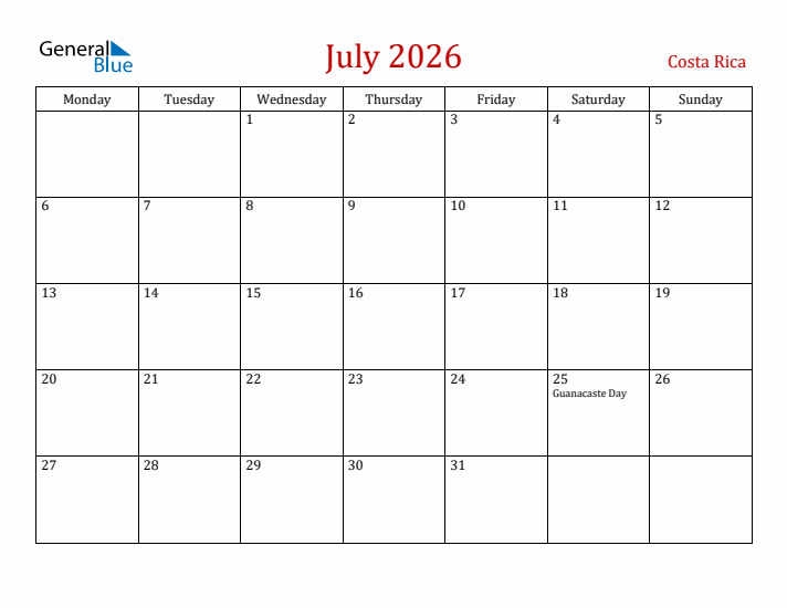 Costa Rica July 2026 Calendar - Monday Start