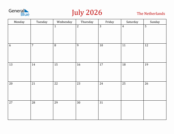 The Netherlands July 2026 Calendar - Monday Start