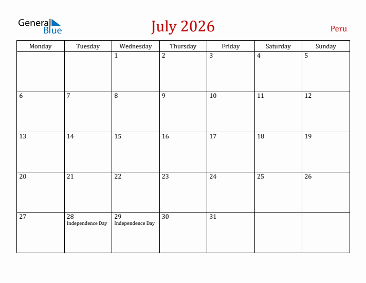 Peru July 2026 Calendar - Monday Start