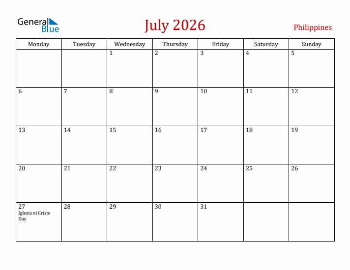 Philippines July 2026 Calendar - Monday Start