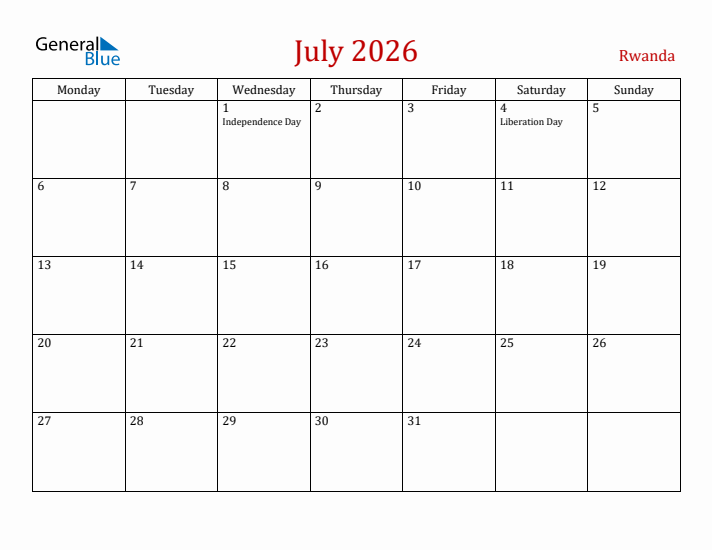 Rwanda July 2026 Calendar - Monday Start