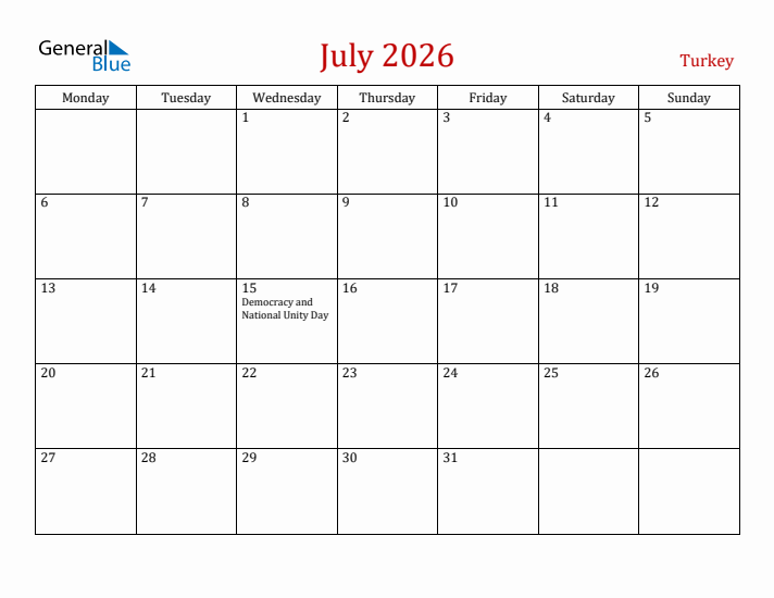 Turkey July 2026 Calendar - Monday Start
