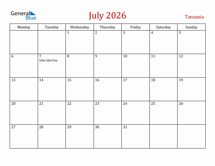 Tanzania July 2026 Calendar - Monday Start