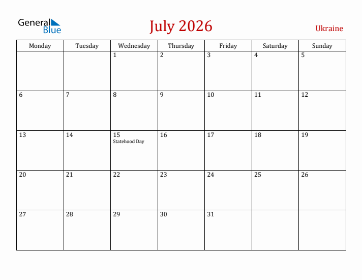 Ukraine July 2026 Calendar - Monday Start