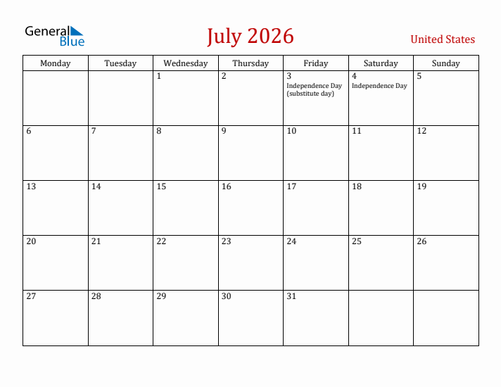 United States July 2026 Calendar - Monday Start