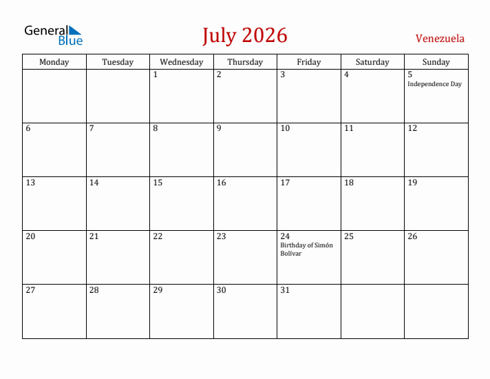 Venezuela July 2026 Calendar - Monday Start