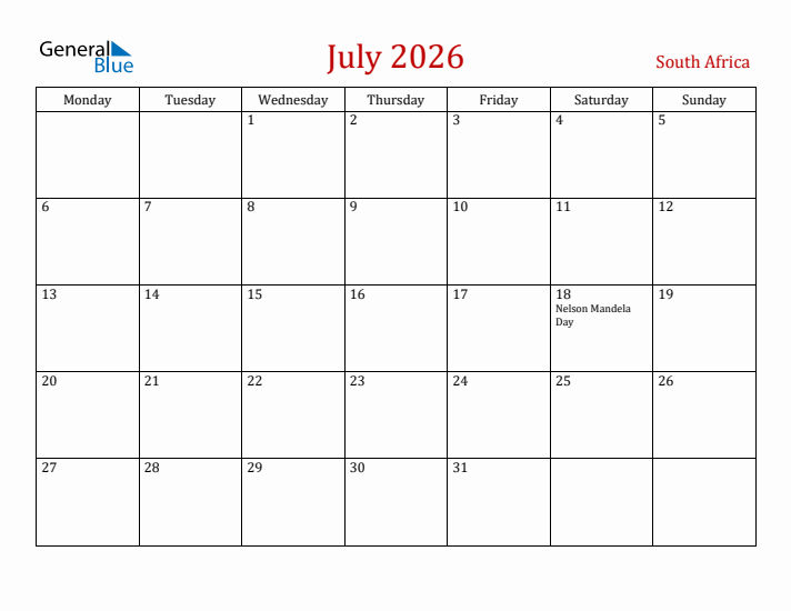 South Africa July 2026 Calendar - Monday Start
