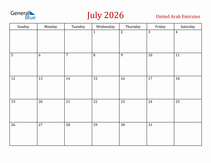 United Arab Emirates July 2026 Calendar - Sunday Start