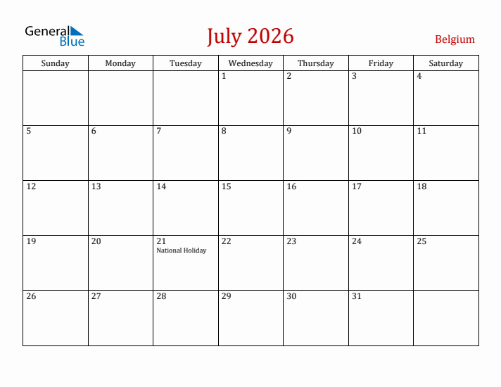 Belgium July 2026 Calendar - Sunday Start