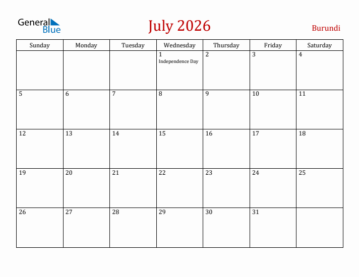 Burundi July 2026 Calendar - Sunday Start