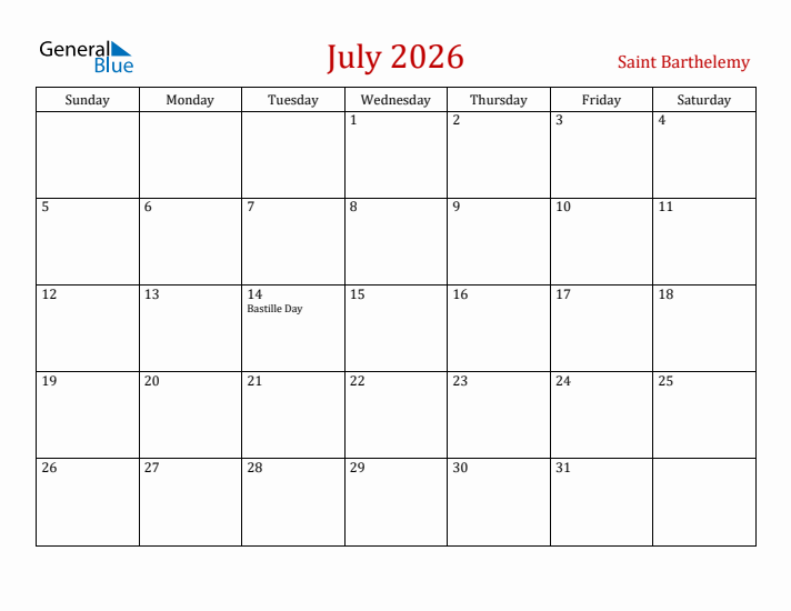 Saint Barthelemy July 2026 Calendar - Sunday Start