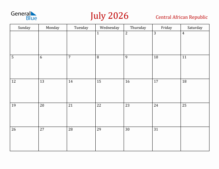 Central African Republic July 2026 Calendar - Sunday Start