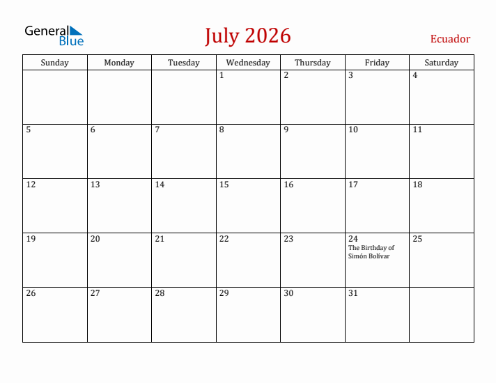 Ecuador July 2026 Calendar - Sunday Start