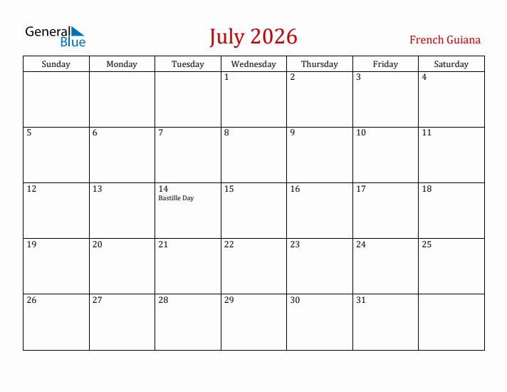 French Guiana July 2026 Calendar - Sunday Start
