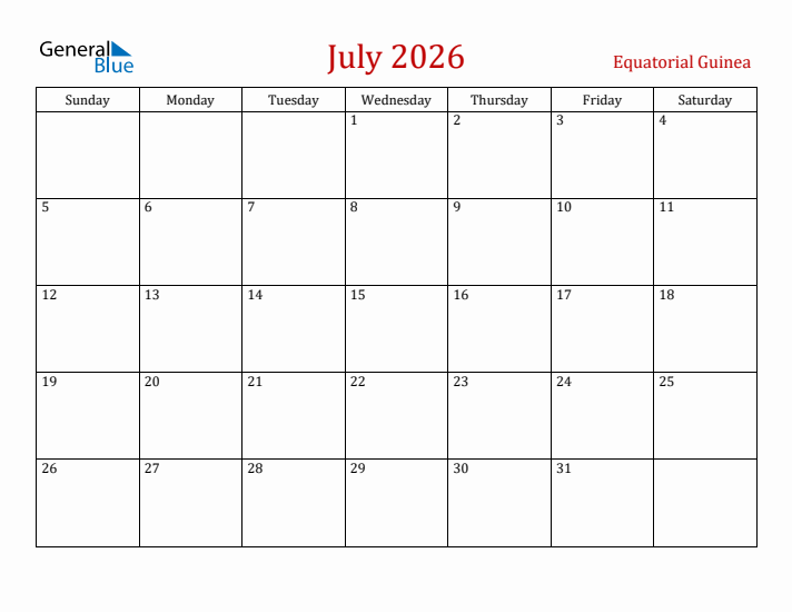 Equatorial Guinea July 2026 Calendar - Sunday Start