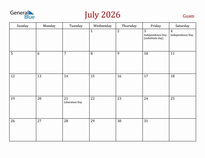 Guam July 2026 Calendar - Sunday Start