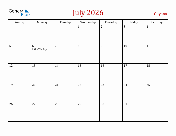 Guyana July 2026 Calendar - Sunday Start