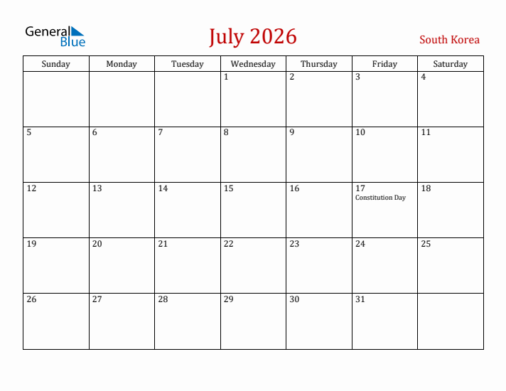 South Korea July 2026 Calendar - Sunday Start