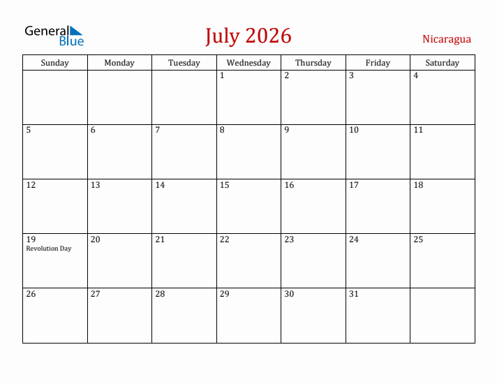 Nicaragua July 2026 Calendar - Sunday Start