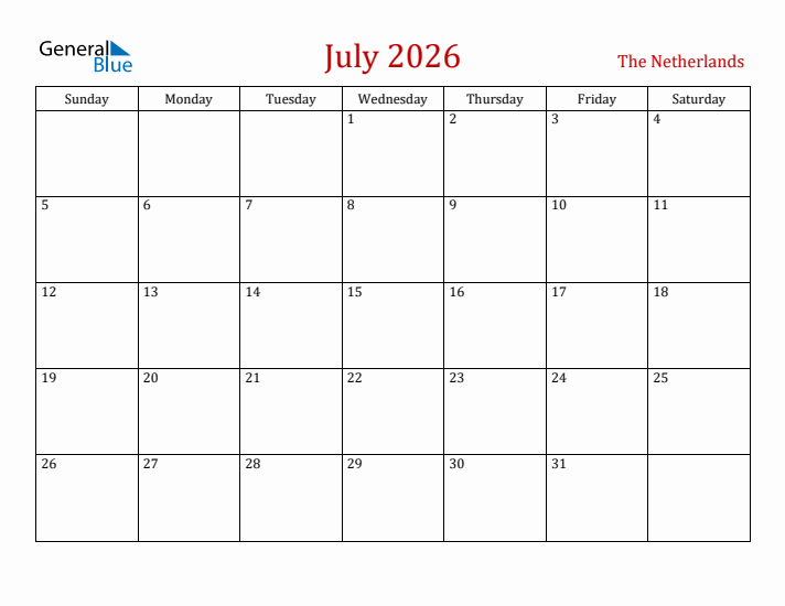 The Netherlands July 2026 Calendar - Sunday Start