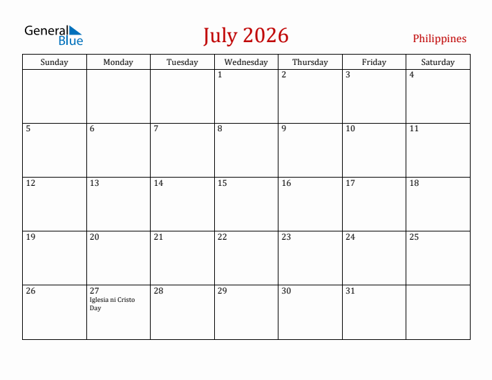 Philippines July 2026 Calendar - Sunday Start