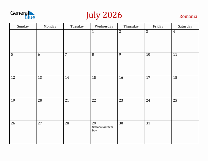Romania July 2026 Calendar - Sunday Start