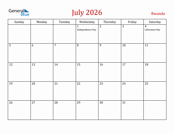 Rwanda July 2026 Calendar - Sunday Start