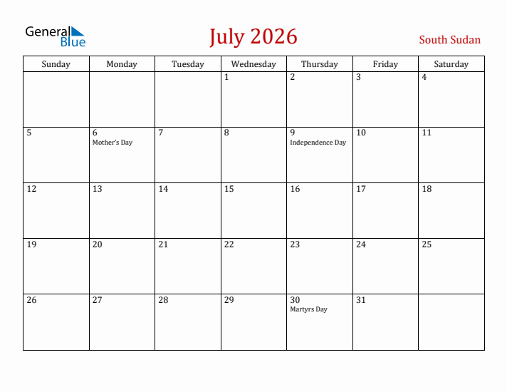 South Sudan July 2026 Calendar - Sunday Start