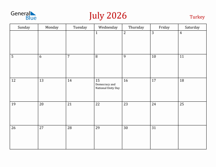 Turkey July 2026 Calendar - Sunday Start
