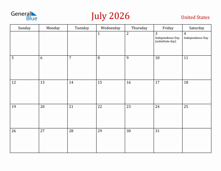 United States July 2026 Calendar - Sunday Start