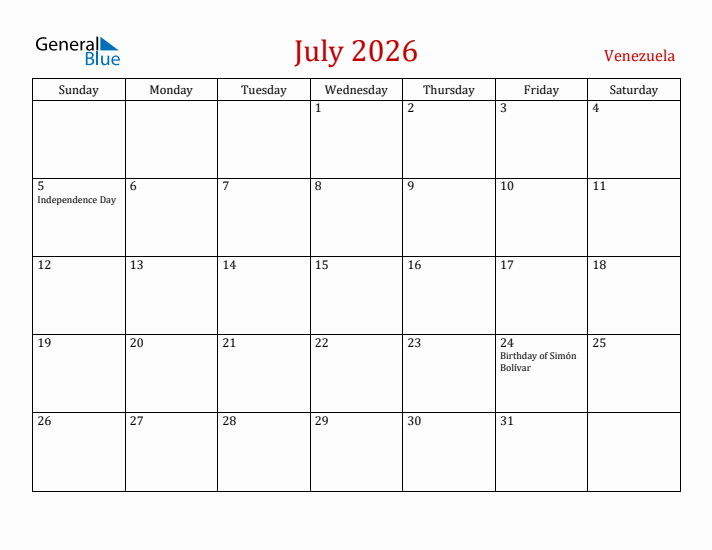 Venezuela July 2026 Calendar - Sunday Start